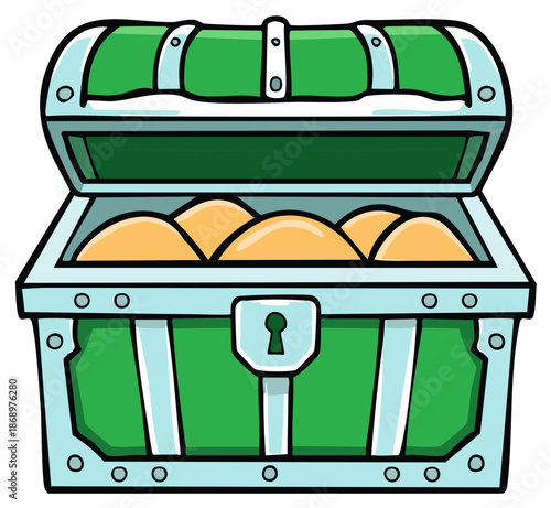 Cartoon green treasure chest with an open lid revealing shiny gold coins and valuable riches