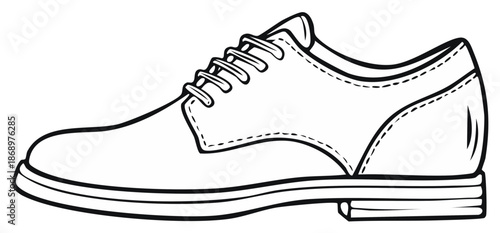 Outline illustration of dress shoe with laces and sole, black and white drawing, formalwear, footwear