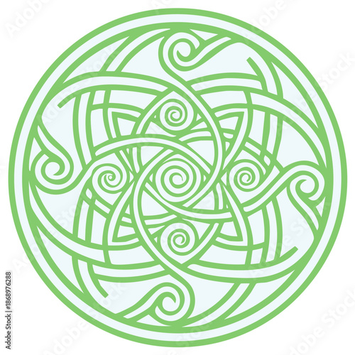 Intricate green Celtic knotwork mandala with traditional interwoven spirals
