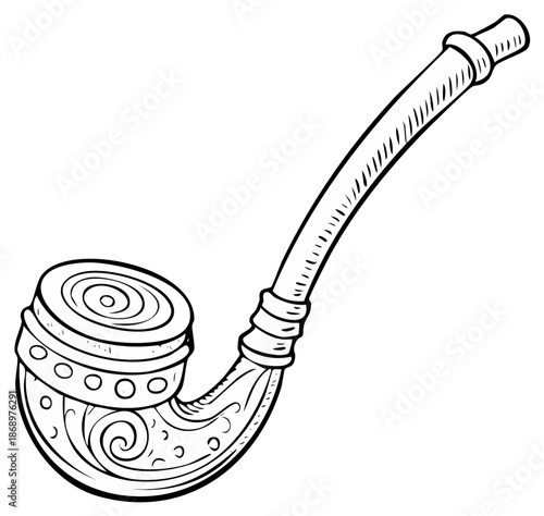Intricately Decorated Classic Tobacco Pipe Drawing with Swirls and Circles