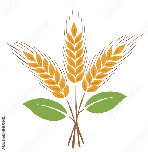 Sheaf of three ripe golden wheat stalks with green leaves simple agricultural vector illustration