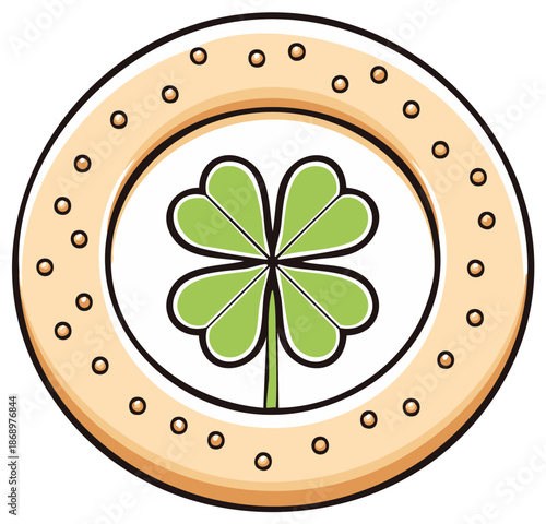 Lucky four leaf clover emblem in ornamental circular frame symbolizing good fortune and chance
