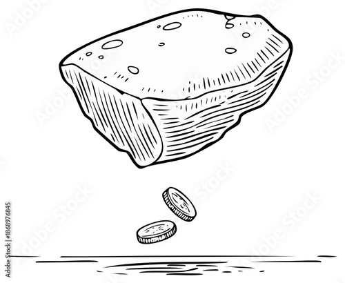 Illustration of a porous rock fragment suspended above falling coins and a reflective surface