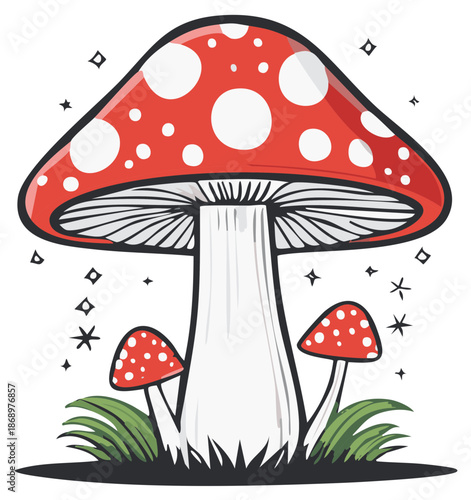 Whimsical cartoon red and white spotted mushrooms with grass and sparkling details magical nature illustration
