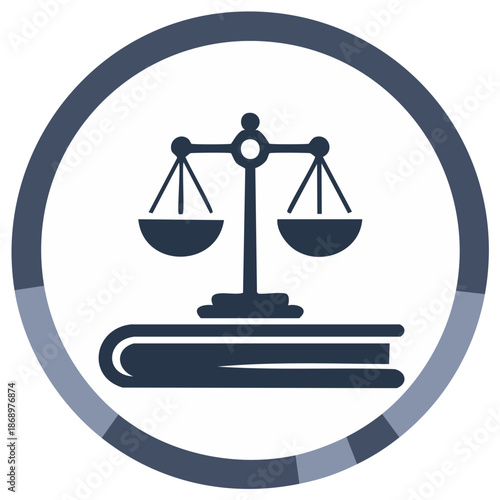 Icon of law and justice with balance scales on a book, legal symbol vector illustration