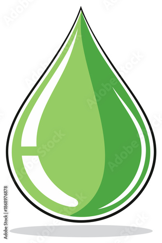 Illustration of single green teardrop shape against white. Purity, freshness concept. Water, liquid, color, environment, nature icon.