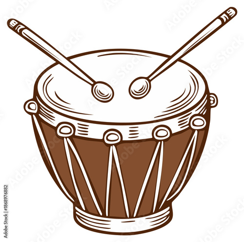 Cartoon vector illustration of a brown hand drum with drumsticks