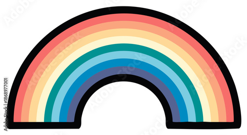 Arching multicolored rainbow with black outline and white background for design