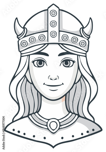 Smiling cartoon woman wearing a horned Viking helmet with decorative armor and long flowing hair