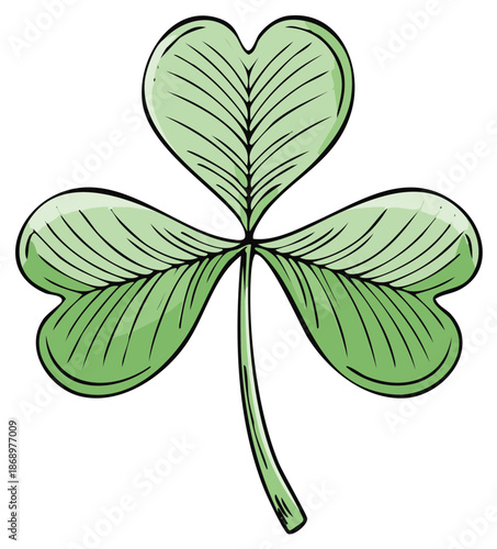 Green shamrock with three heart shaped leaves and a stem detailed with vein lines