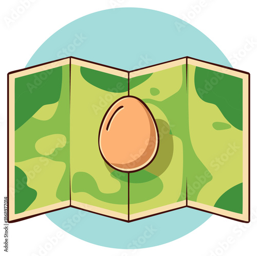 Cartoon map unfolds showing egg resting on the unfolded surface, symbolizing unexpected findings or new directions