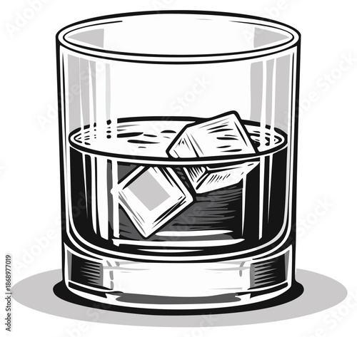 A refreshing glass of amber liquid with ice cubes chilling on a shaded surface