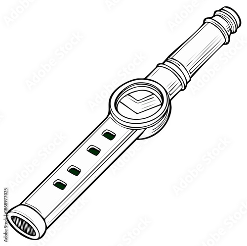 Contour illustration of a Renaissance wind instrument. Historic wind instrument woodcut. Recorder illustration.