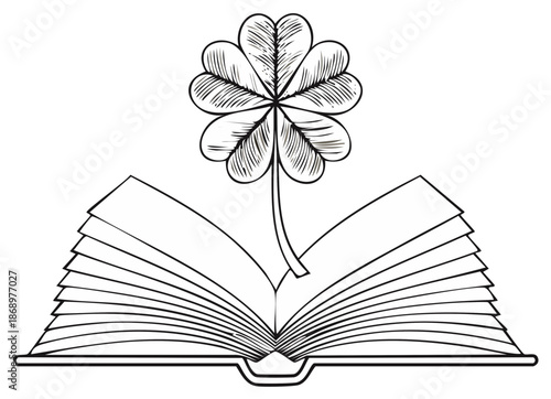 Open book with a four leaf clover emerging from pages symbolizing good fortune and knowledge