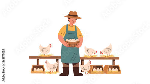 Farmer Collecting Chicken Eggs in Traditional Coop Flat Vector Illustration