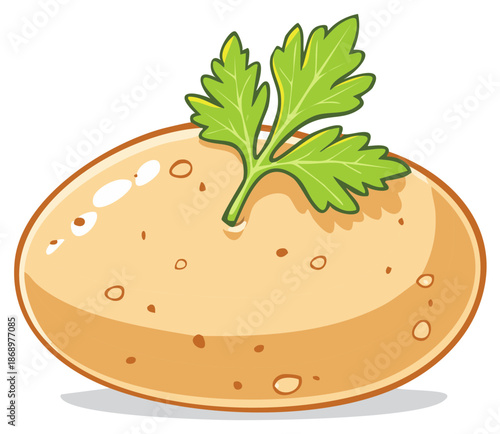 Cartoon potato with green leafy garnish isolated vector illustration