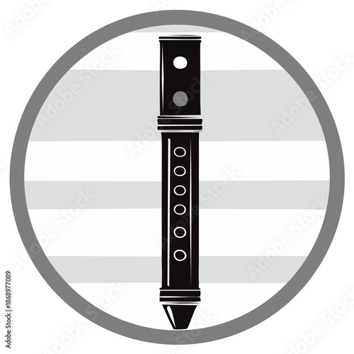 Silhouette illustration of a flute musical instrument inside a gray circular frame
