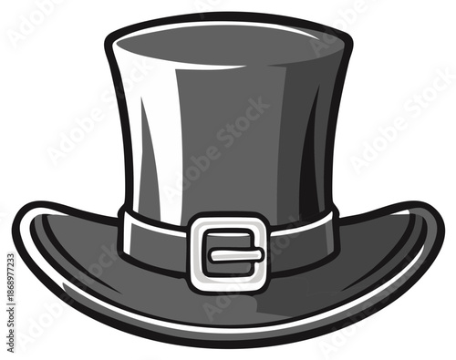 Cartoon style grey top hat with buckle isolated graphic element. Classic formal fashion accessory.