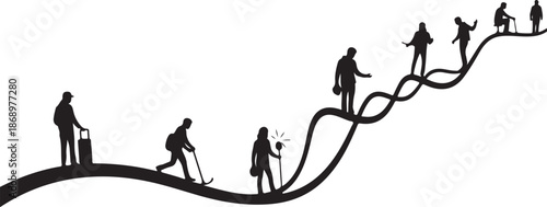 People climbing a winding path to success together