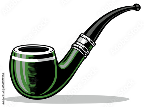 Illustration of an antique smoking pipe with green accents; classic tobacco smoking concept and vector drawing