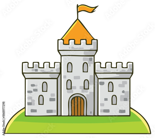Cartoon medieval fortress illustration with towers, flag, arched doorway on green ground, stone walls and arched windows, fairytale theme.