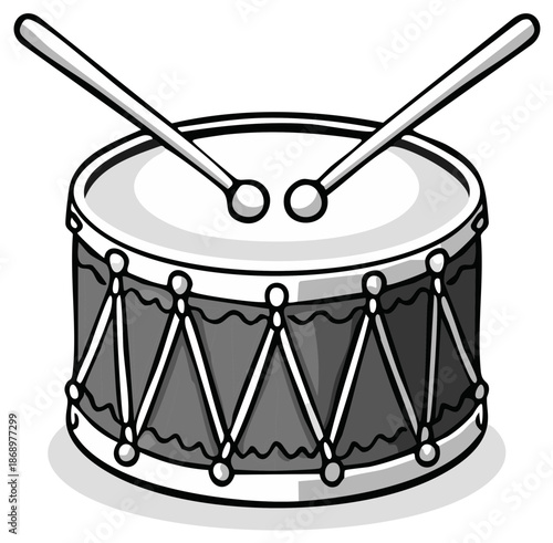 Classic cartoon snare drum with two drumsticks music instrument illustration design element
