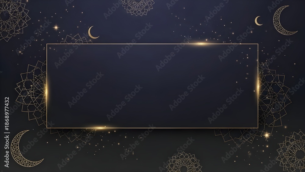 Obraz premium Elegant Islamic night background featuring a golden rectangular frame, crescent moon, stars, and geometric patterns, ideal for Ramadan banners, Eid greetings, and premium event designs.