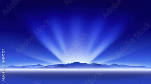 Blue gradient horizon line minimal landscape, glowing sunrise light beam abstract mountain silhouette reflection calm fantasy scene