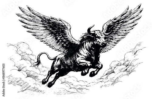 Hand drawn line art illustration of a winged bull depicting flying through clouds for mythology