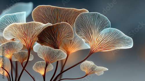 close-up of delicate, illuminated ginkgo leaves with intricate vein patterns.