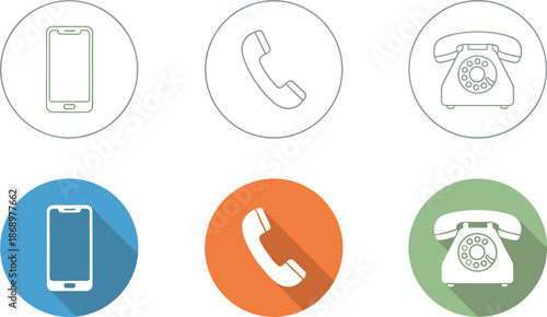 Set of telephone communication icons featuring vintage rotary phones classic handsets and modern smartphones in flat and line styles,