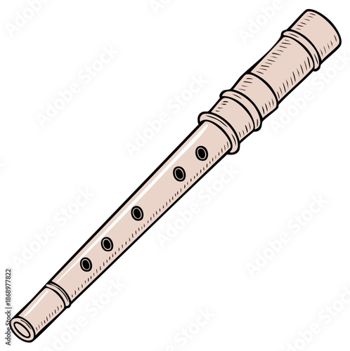 Simple cartoon illustration of a beige recorder woodwind instrument for music education