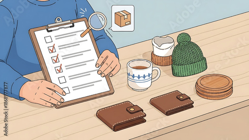 Close-up of hands checking items on a clipboard next to winter accessories and wallets