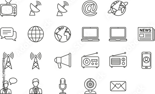 Professional thin line media icon set featuring television satellite news globe laptop radio microphone webcam and broadcasting symbols,