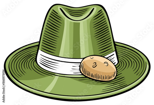 Green fedora hat with white band and a potato on the brim, graphic illustration