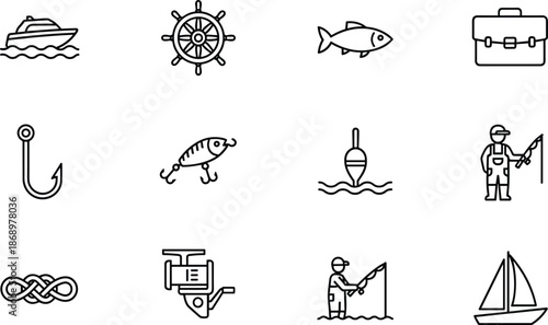 Professional thin line fishing icon set featuring boat steering wheel fish hook lure fisherman rod and nautical symbols,