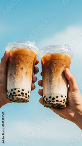 Close-up of Two Iced Cappuccino Bubble Teas with Condensation in Plastic Cups