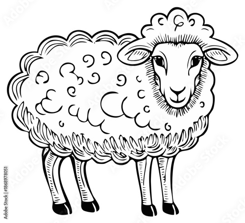 Adorable fluffy sheep in black and white line art perfect for children projects or coloring books