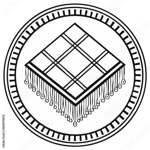 Geometric Plaid Textile Design Icon with Fringe in Decorative Circular Frame Line Art