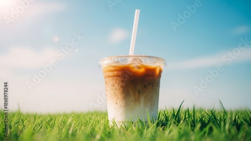Healthy Iced Cappuccino Beverage with Creamy Milk Layers in a Summer Meadow