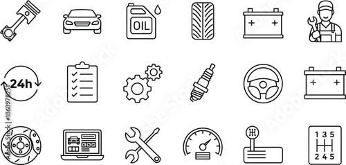 Professional thin line car repair icon set featuring engine piston oil battery tire mechanic tools and automotive service,