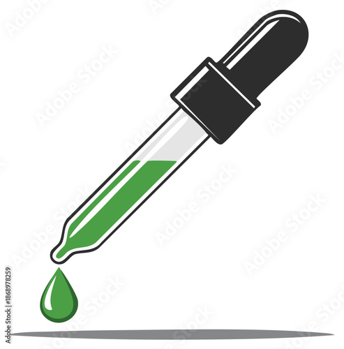 Green liquid drips from a glass dropper and pipette in a laboratory or medical setting