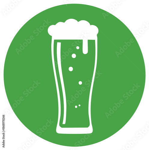 Stylized glass of beer with foam and bubbles on a green circular background vector illustration