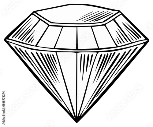 Sketch Style Diamond Illustration of Gemstone Cut with Line Work and Facets