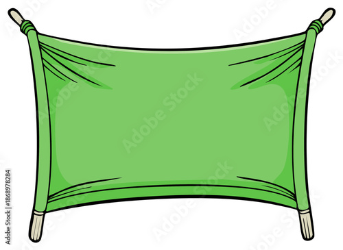 Hand drawn cartoon illustration of a blank green fabric sign stretched on wood poles
