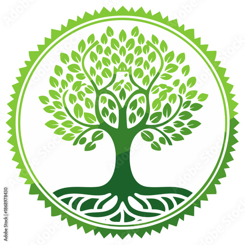 Stylized Green Tree of Life with Roots and Leaves in a Circular Emblem Vector Icon