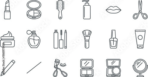 Professional thin line cosmetics icon set featuring lipstick perfume mascara brush mirror nail polish and beauty salon symbols,