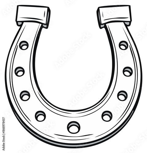 Stylized monochrome lucky horseshoe icon drawing with nail holes isolated design