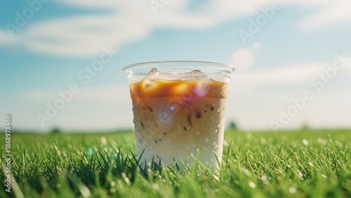 Refreshing Iced Cappuccino Latte with Boba Pearls on a Sunny Grass Field
