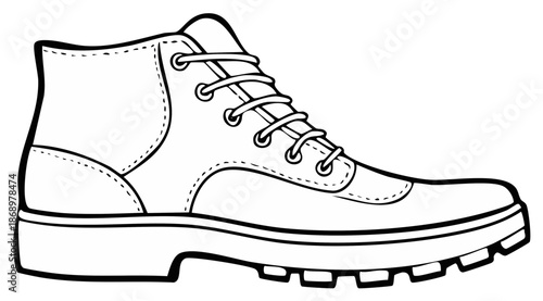 Lace up boot drawing contour for coloring book or vector clip art illustration. Fashionable footwear for hiking